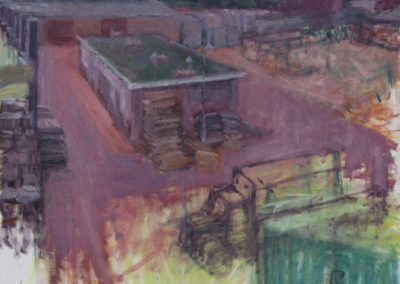 olieverf schilderij van Wim Konings van een markthallenterrein waarop gebouwen en vrachtwagens te zien zijn
